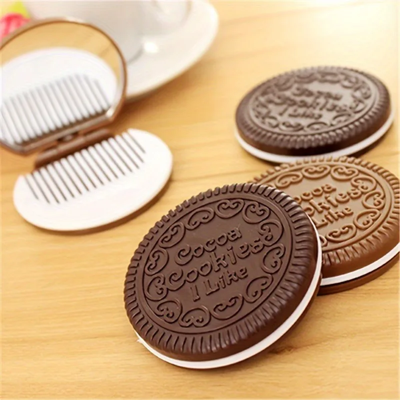Portable Folding Makeup Mirror and Comb Cookie-Shaped Compact Design for Travel On-The-Go Touch-Ups Ideal Gift Makeup Lovers