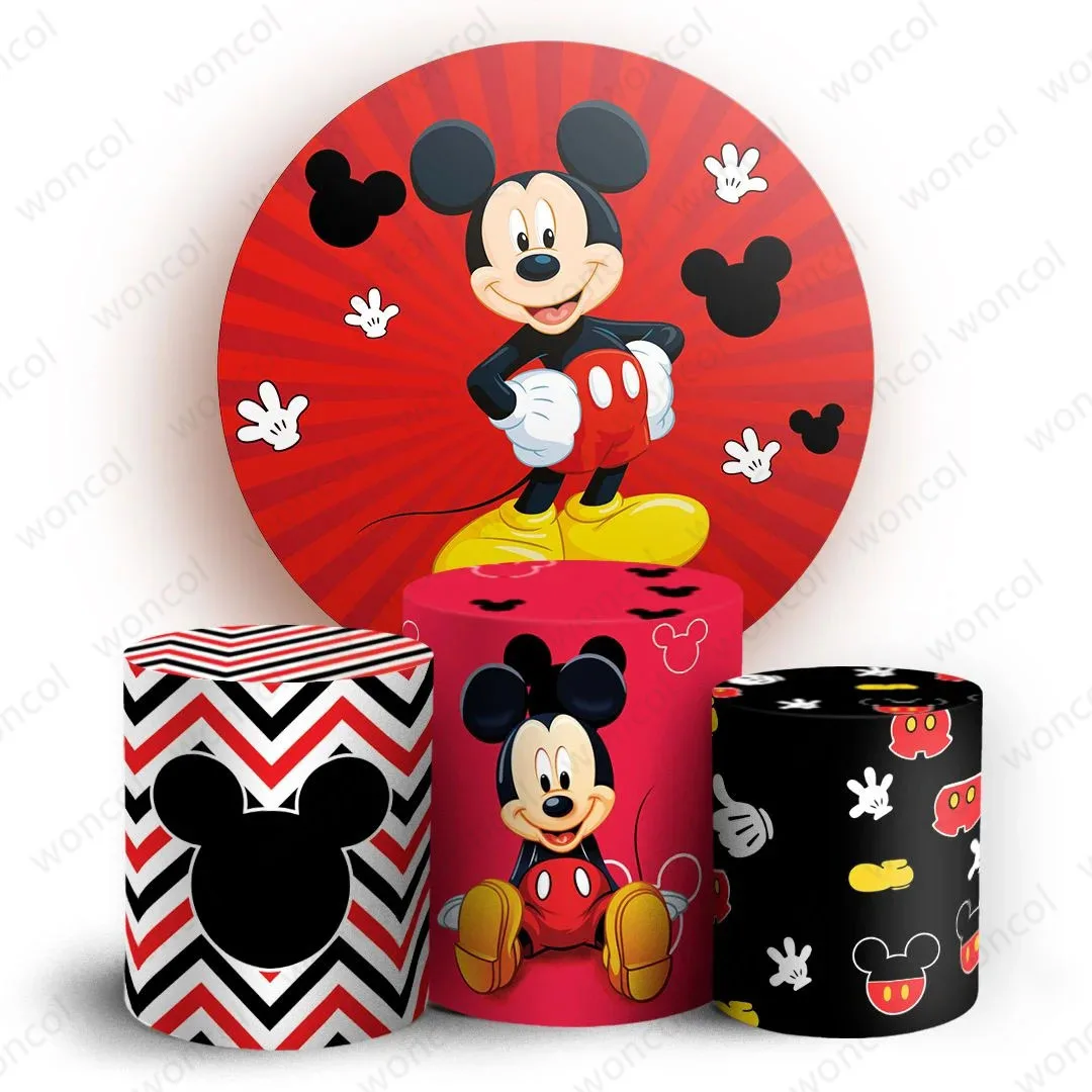 Mickey Mouse Circle Backdrop 1st Boy Birthday Backdrop Disney Mickey Mouse Round Cylinder Cover Party Decor Photo Booth Prop