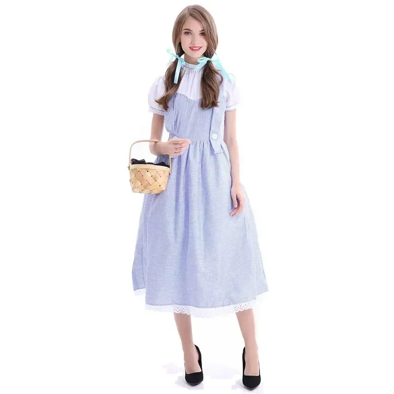 Halloween Womens Adult Fairytale Character Blue Gingham Maid Dress Outfit Cosplay Gingham Maid Dress Costumes