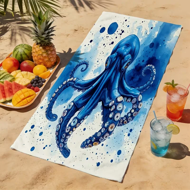 Vintage Blue Octopus Beach Towel Nautical Marine Art Print Quick Dry Sandproof Absorbent Towel for Beach Travel Vacation