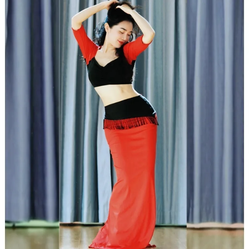 Customized Belly Dance Costume Set Performance Dress Class Dress Sexy Practice Clothes Black Tassel Tops Long Skirt Dancewear