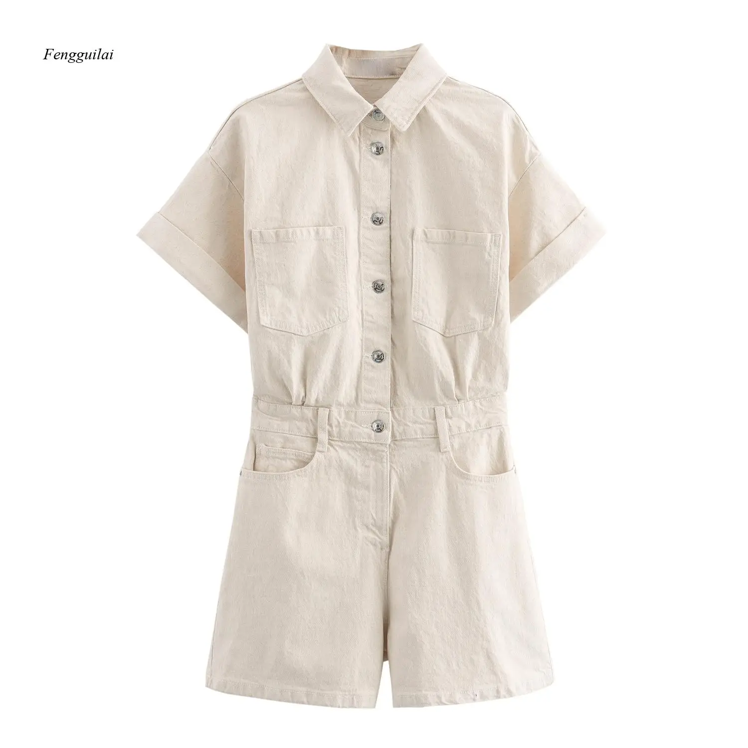 Women's Light Wash Denim Short Sleeve Button Front Rolled Cuff Jumpsuit with Pockets Casual Summer Elastic Waist Denim Playsuit