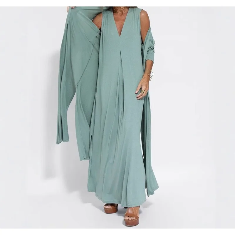 

Spring/Summer 2026 Solid Color Pullover V-Neck Sleeveless Dress Cardigan Jacket Set