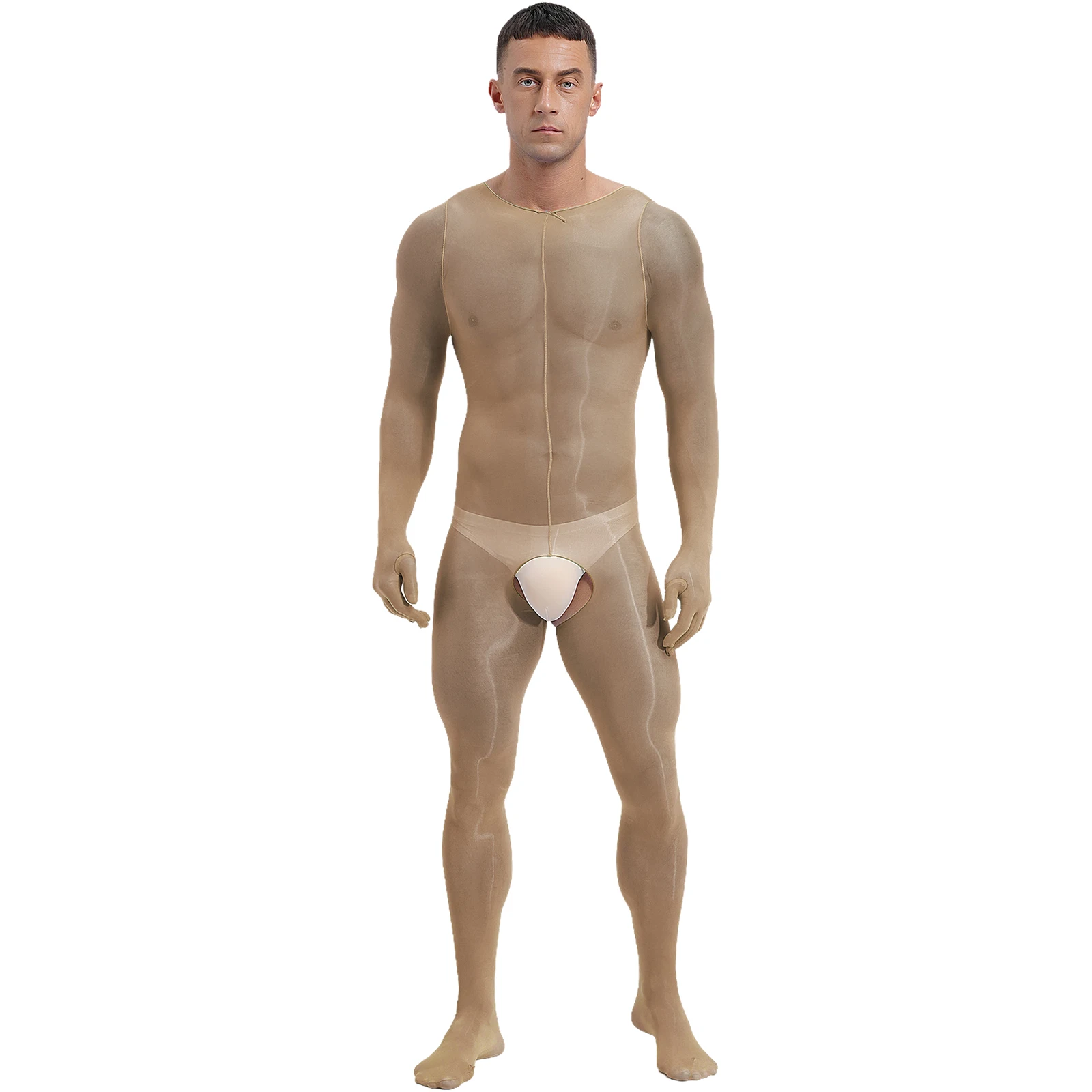 

Mens Glossy See-through Full-body Bodysuit Underwear Long Sleeve Full Finger Gloves Bodystockings Jumpsuit Unitard Nightwear