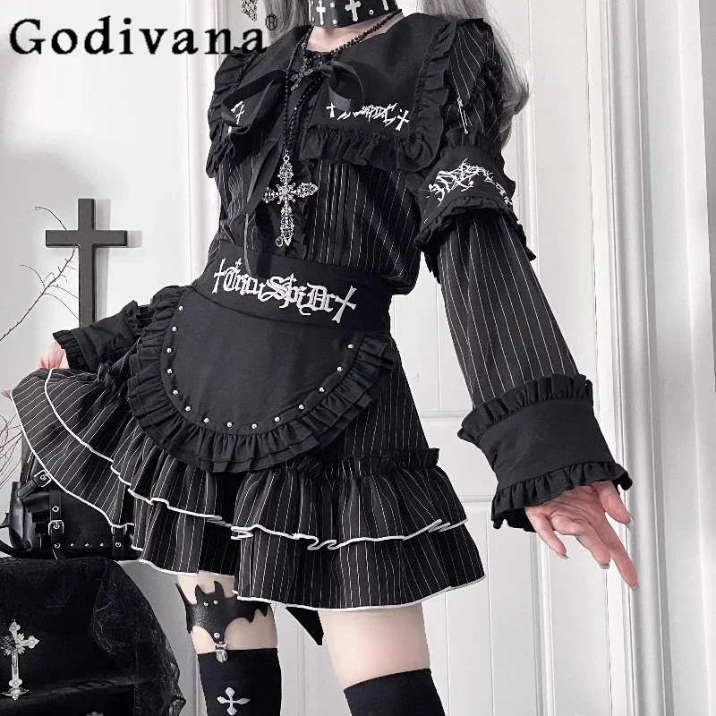 Original Subculture Y2k Print Embroidered Long Sleeve Shirt Skirt Set Autumn New Girls Sweet Cool Gothic Japanese Top Mini Skirt