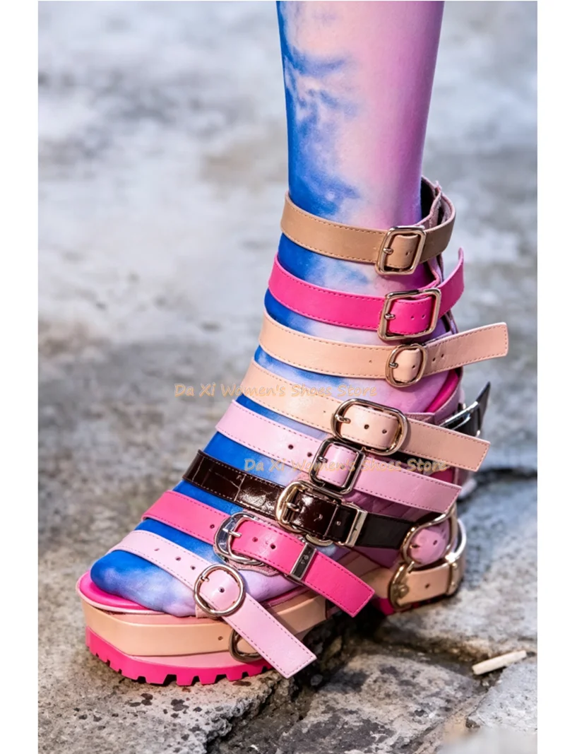 Color Thick Band Combination Platform Rome Sandals Punk Style Belt Buckle Buckle Tall Sandals Role Playing Rave Party  Footwear view 4