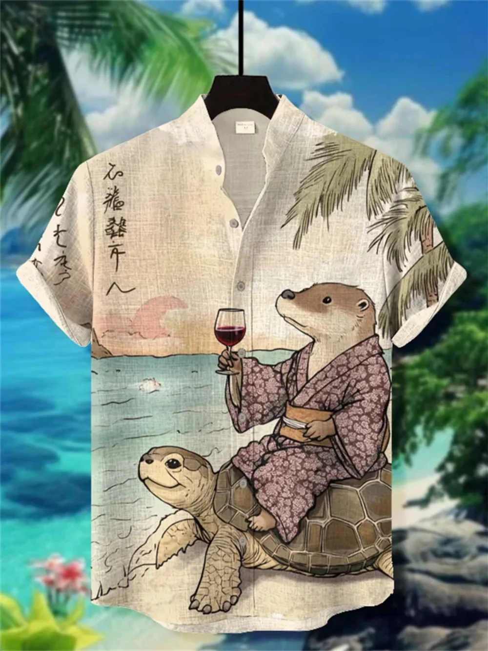 

Men's Retro Short Sleeve Linen Shirt Stand up Collar Hawaiian Print Cardigan Breathable Fashion Vacation Top for Men