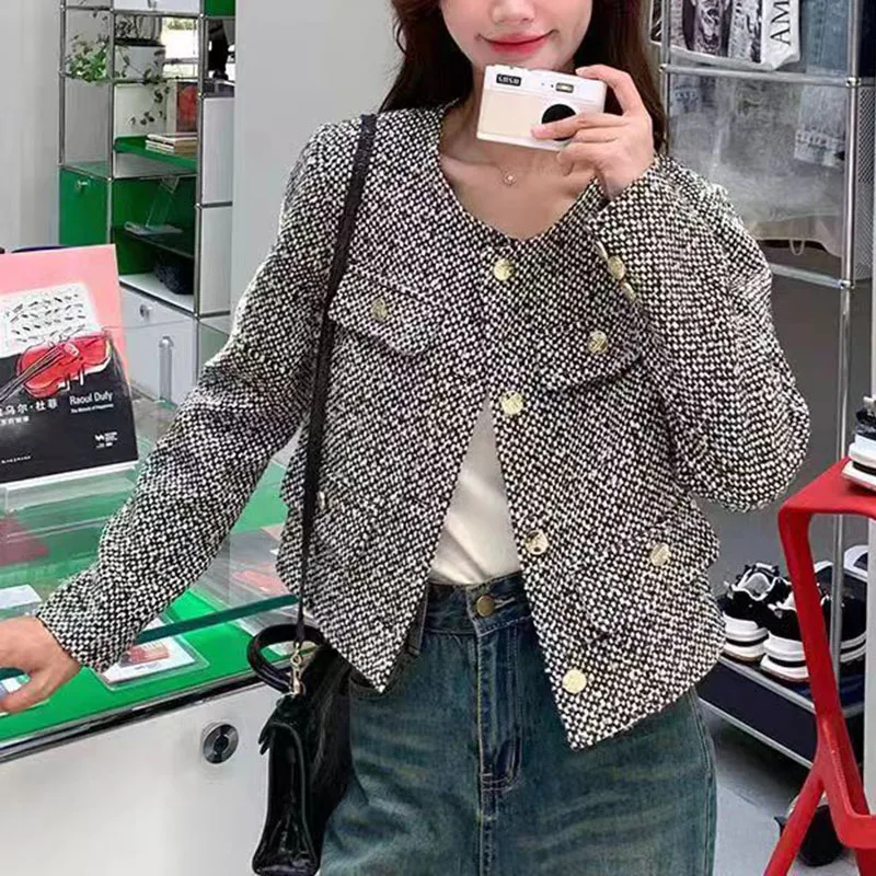 

Women Vintage Tweed Coats Korean Fashion Metal Buttons Long Sleeve Jacket Ladies Elegang Temperament High Street Short Jackets