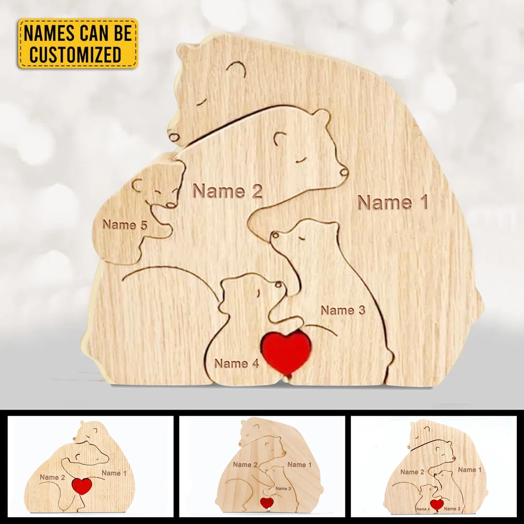 Christmas Gifts Personalized Wooden Animal Family Puzzle Custom Engraving Names Sculpture Home Holiday Decor for Mom and Dad