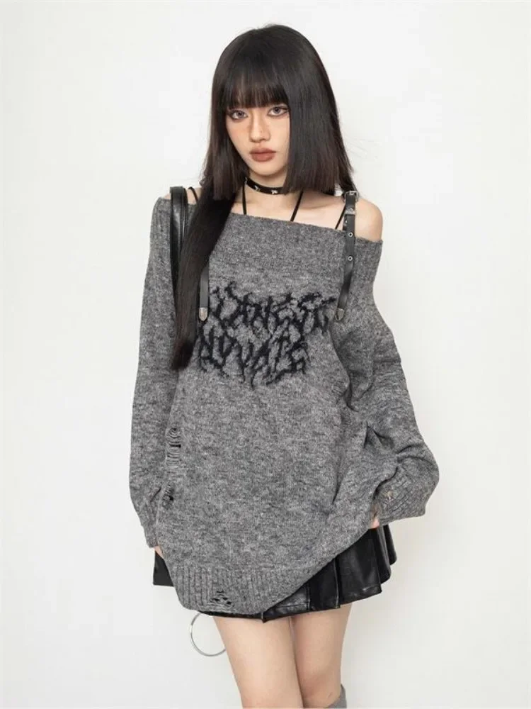 Grunge Y2k Sweater Knitwear Women Japanese Style Gothic Off Shoulder Long Sleeve Ripped Jumper Harajuku Goth Streetwear