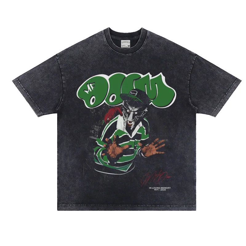 

2025 MF DOOM Iron Face American Casual Retro VINTAGE Short-sleeved Heavy Weight Pure Cotton Distressed Round Neck T-shirt