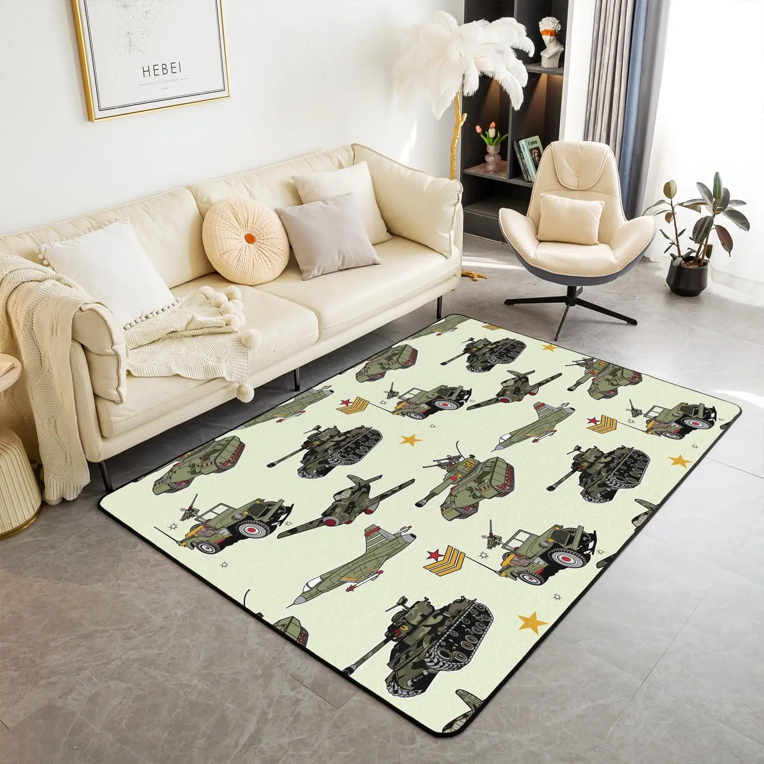 War Theme Area Rug Camo Tank Floor Mat for Bedroom Playroom Backyard,Vintage Vehicles Carpet Non Slip Doormat for Kids Adults