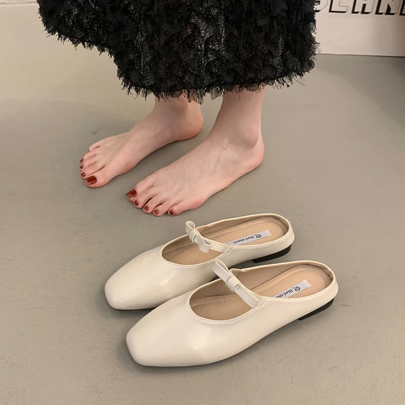 Cover Toe Low Flat Shoes Female Ladies' Slippers Slipers Women Summer 2024 Rubber Fabric Mary Janes Slides PU Hoof Heels Rome