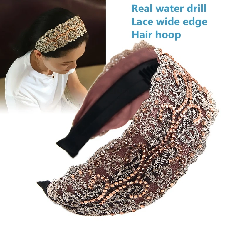 1Pc Rhinestone Wide-brimmed Headband Women Solid Color Lace Hairband knitting Hair Hoop Girls Retro makeup Hair Accessories