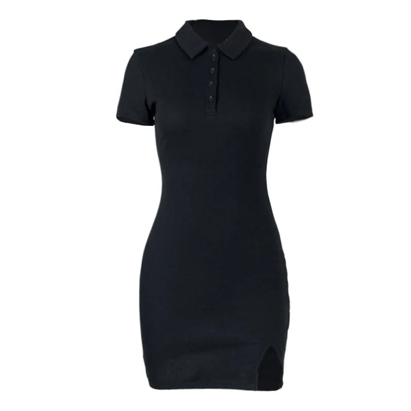 صيف جديد الموضة الأوروبية والأمريكية ضيقة بدوره إلى أسفل طوق Bodycon فتاة ساخنة قصيرة الأكمام فستان محبوك