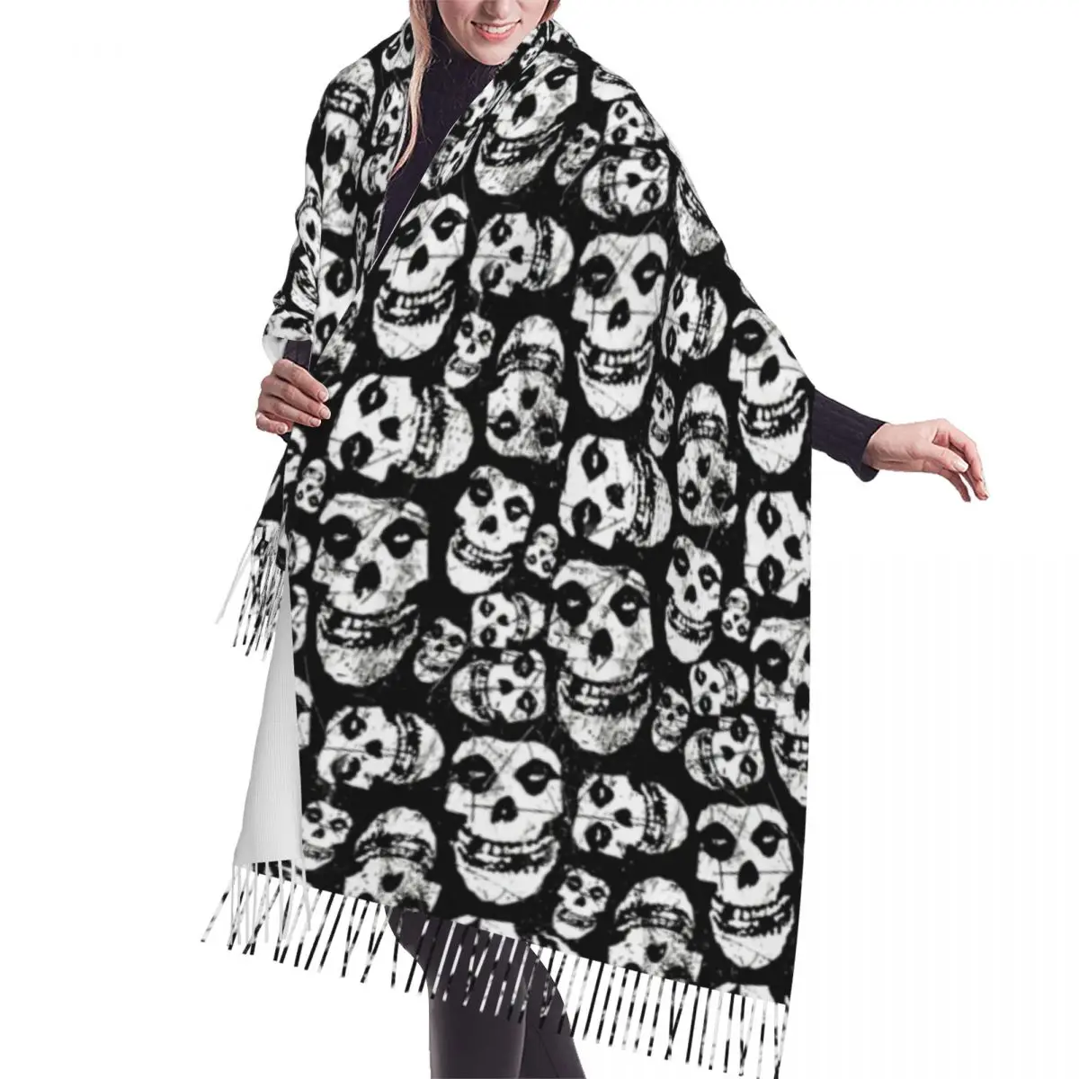 Custom Rock Punk Band Misfits Skull Face Pattern Scarf Wrap for Women Long Winter Warm Tassel Shawl Unisex Heavy Metal Scarves