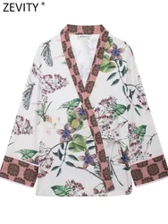 Zevity Women Vintage Cross V Neck Patchwork Floral Print Lace Up Kimono Smock Blouse Office Lady Chic Shirts Blusas Tops LS7126