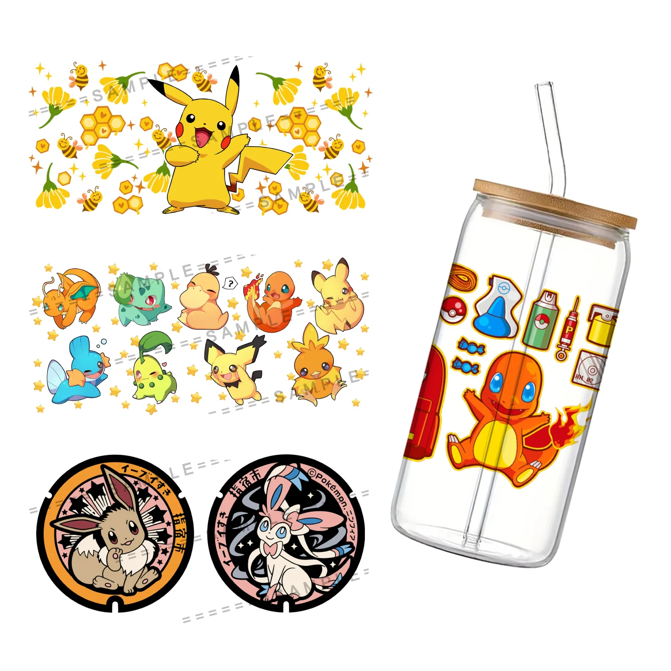 11*24cm Pokemon Cup Wrap Sticker 16oz Uv Dtf waterproof Sticker Transfer Sticker