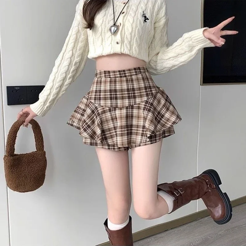 

New High Waist Mini Skirts American Style Sexy Ruffles Plaid Women All-match Design Students Casual Women's Clothing Vintage