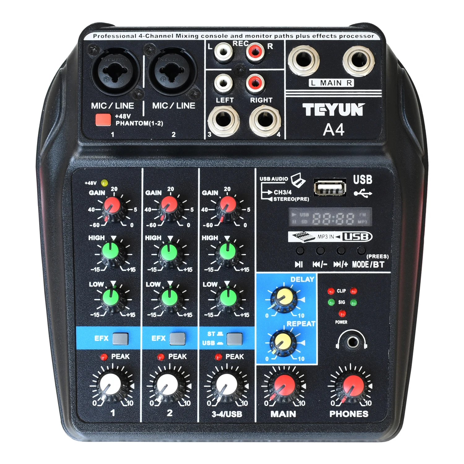 Top! A4 Sound Mixing Console Bluetooth USB Record Computer Playback 48V Phantom Power Delay Repaeat Effect 4 Channels USB Audio