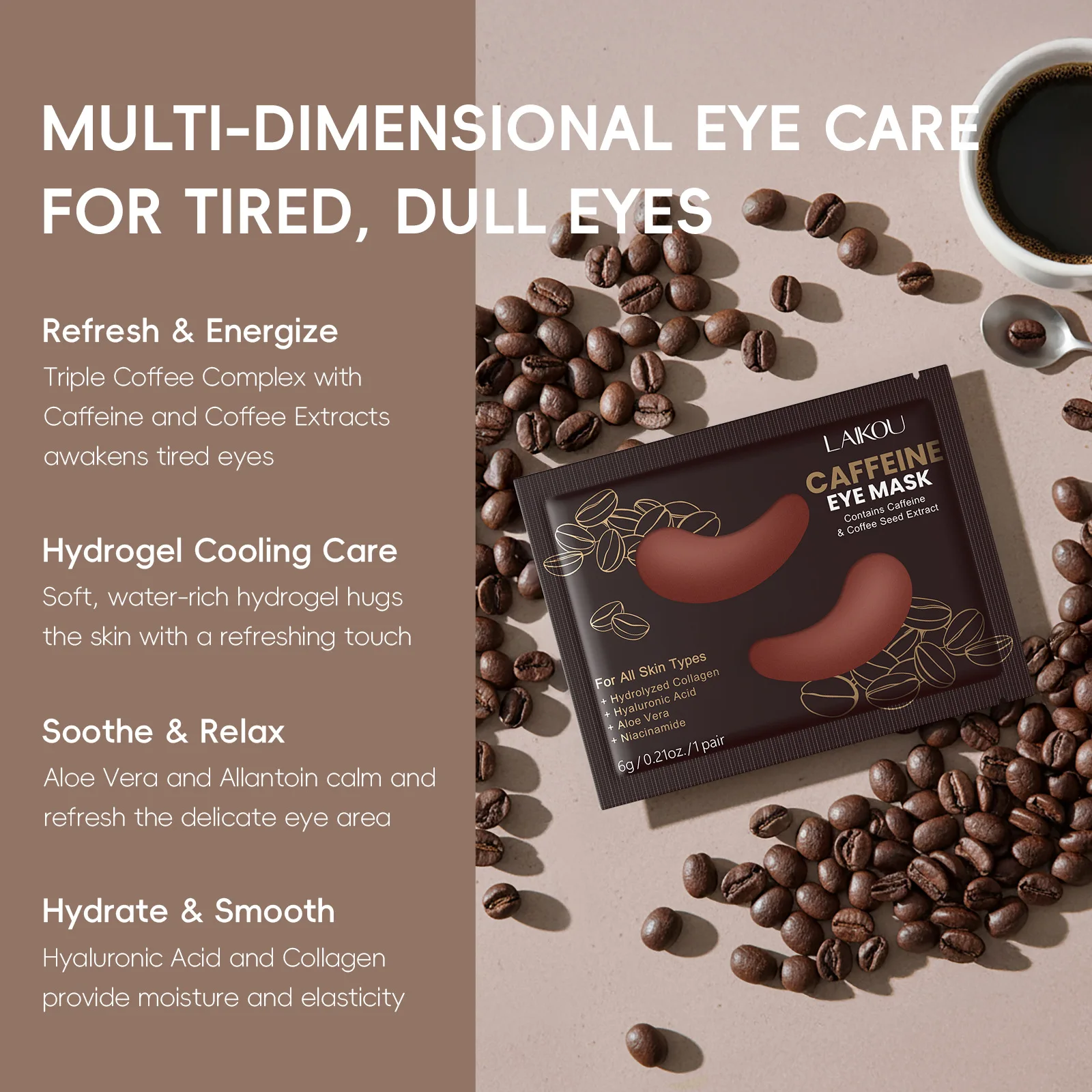 

LAIKOU 10 Pairs Coffee Under Eye Mask Moisturizing Hydrating Eye Patch for Puffy Eyes Dark Circles Firming Skin Care 6g