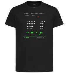 レトロゲームスペースインベーダーTシャツブラック、ピクセルアートスクリーン