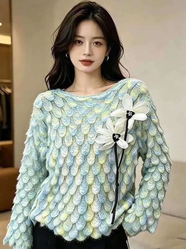 Ladies Gradient Knitted Sweater round Neck Pullover Loose Fashionable Autumn New Style Casual Comfortable Breathable Outerwear