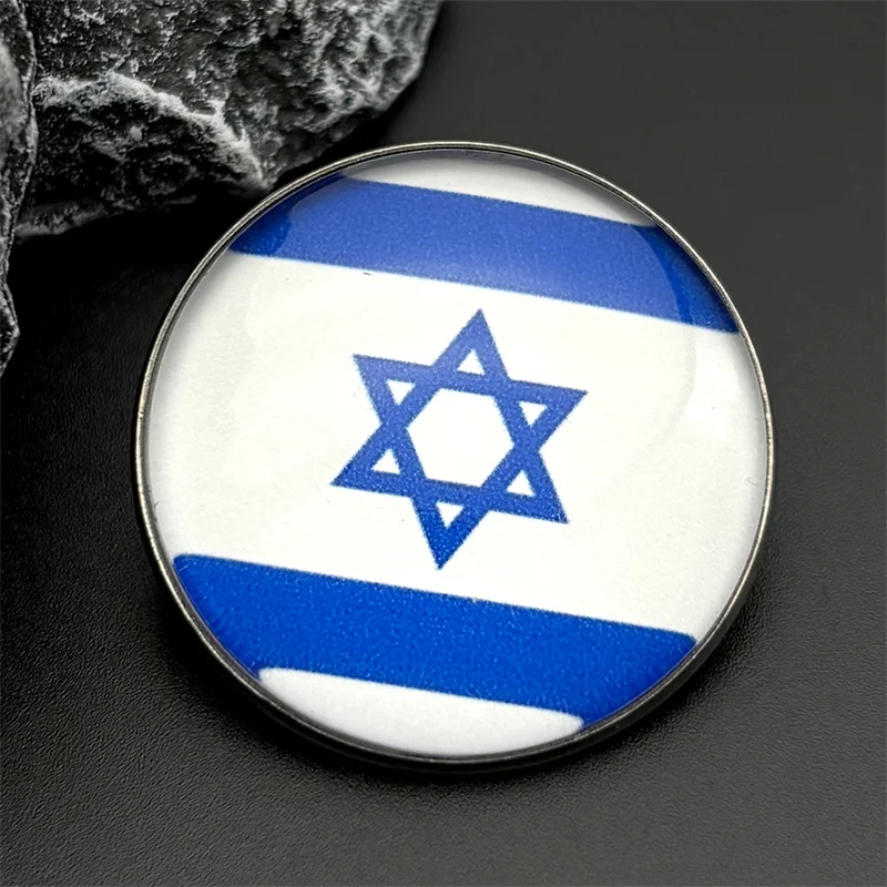 Blue Israel Flag Star Of David Glass Round Brooch for Women Men Stainless Steel Silver Color Jewish Pins Badge Jewelry Gift