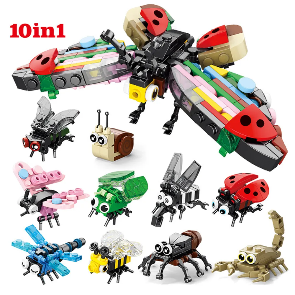 City Farm Vegetable Garden Cute Animals Insect Dragonfly Spider Mantis Honeybee Dinosaur Building Block Bricks Children'S Toys