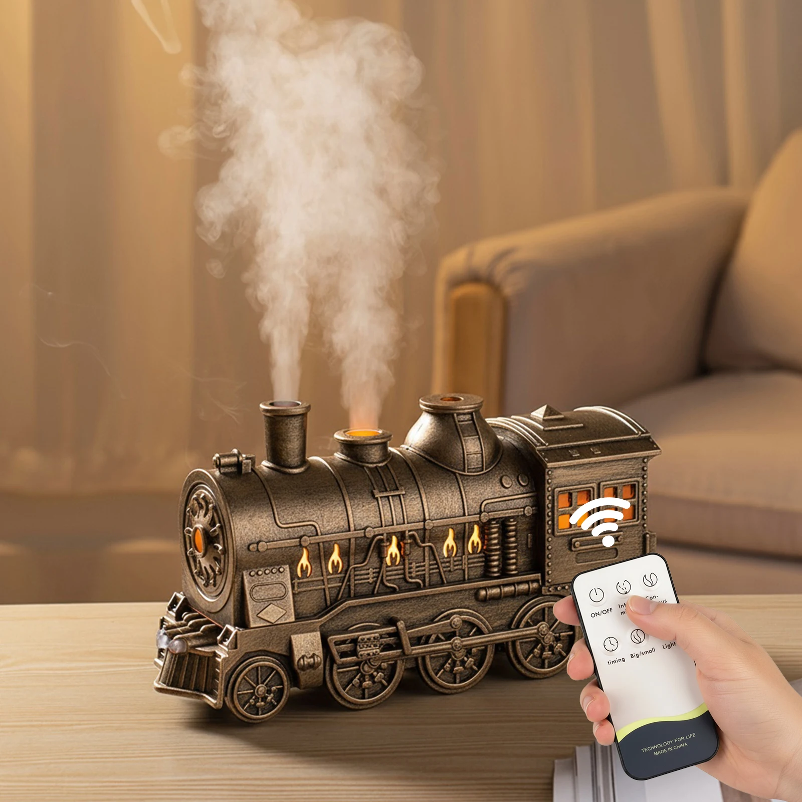 

Увлажнитель-диффузор для эфирных масел в винтажном стиле «Паровоз» на 300 мл с двухцветной LED-подсветкой для домашнего декора