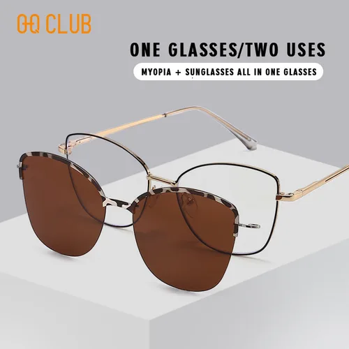 Imagen 2 del producto O-Q CLUB gafas de sol polarizadas tipo ojo de gato, gafas ópticas magnéticas con Clip para miopía, lentes graduadas graduadas graduadas graduadas personalizables para leer