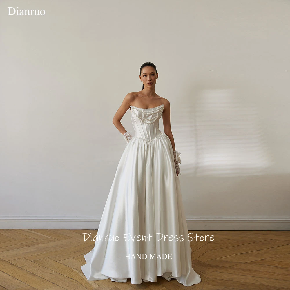 

Роскошное многослойное свадебное платье Dianruo с жемчужной отделкой, А-силуэт, атласное, без спинки, в пол, вечернее платье, на заказ