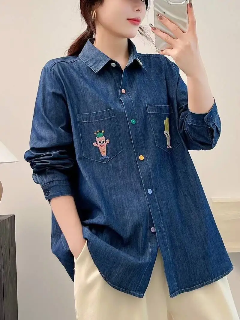 Chemise en Denim à manches longues pour femmes, col rabattu, broderie coupée, Mori Girl French Sweet INS, chemisier ample, nouvelle collection automne 2025 T5O824CC