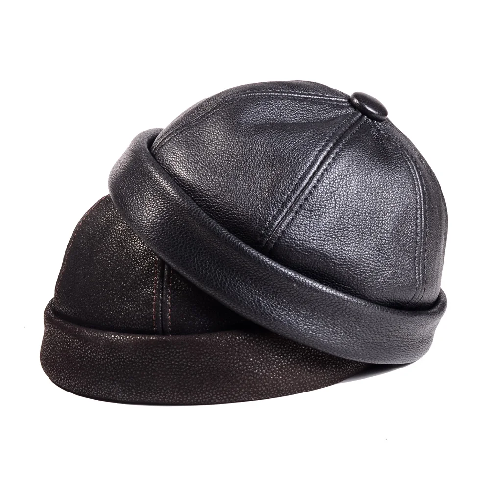 Men's  Women's Real Leather  Winter Warm Skullcap Beanies Beret Round Hat Brimless Caps/Hats