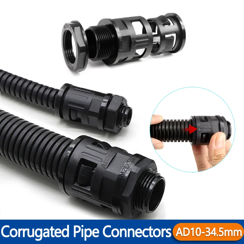 1-20Pcs Nylon Corrugated Tube Connectors AD10 13 15.8 18.5 21.2 25 28.5 34.5 Plastic Conduit Gland Straight Pipe Joint Fittings