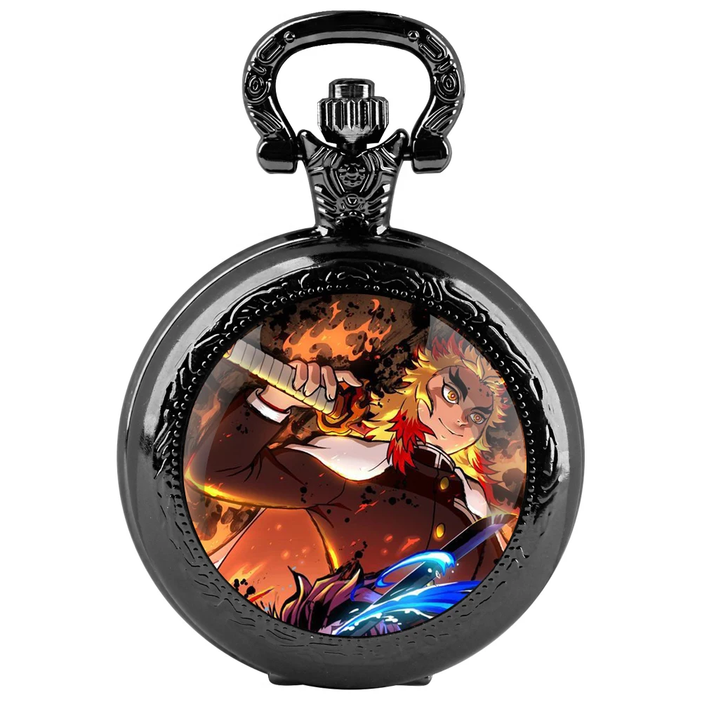 ساعة جيب كوارتز سوداء على شكل قبة زجاجية من Rengoku Kyoujurou مع قرص أرقام عربية وسلسلة متينة هدية ريترو للرجال والنساء
