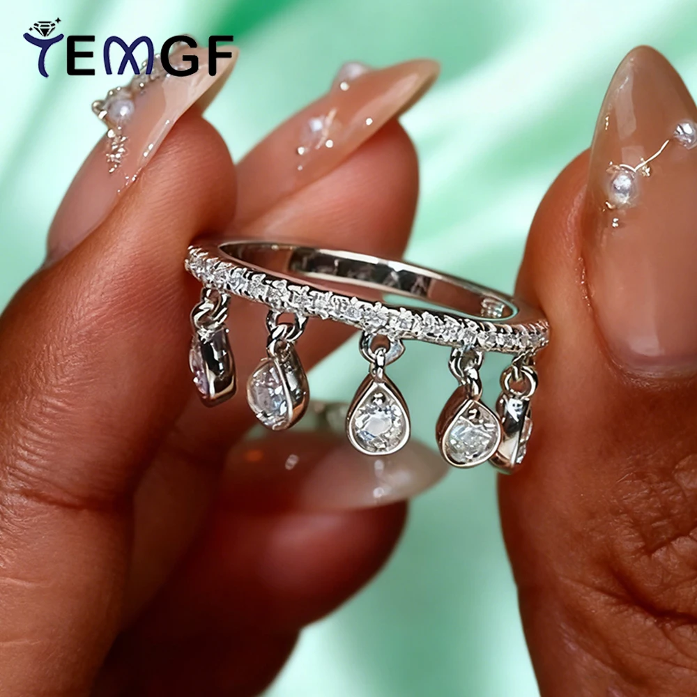 

TEMGF Full Moissanite Pendant Rings for Women 925 Silver Shiny Tassel Ring Wedding Party Jewelry Matching With Certification