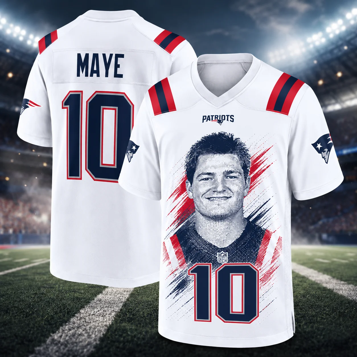 Patriots Maye No.10 Double‑Sided Print Football Jersey, Men V‑Neck Short Sleeve Game Uniform, Breathable Bird‑Eye Mesh Fan Suppo