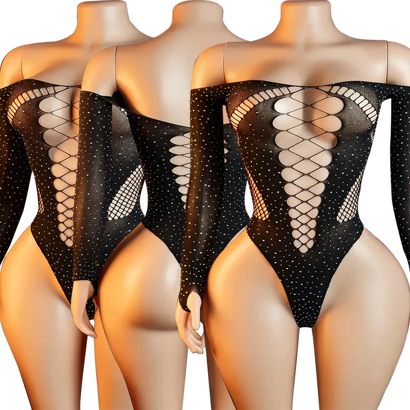 Crystal Mesh Fabric - Rhinestone Fishnet Hollow Babydoll Catsuit Erotic