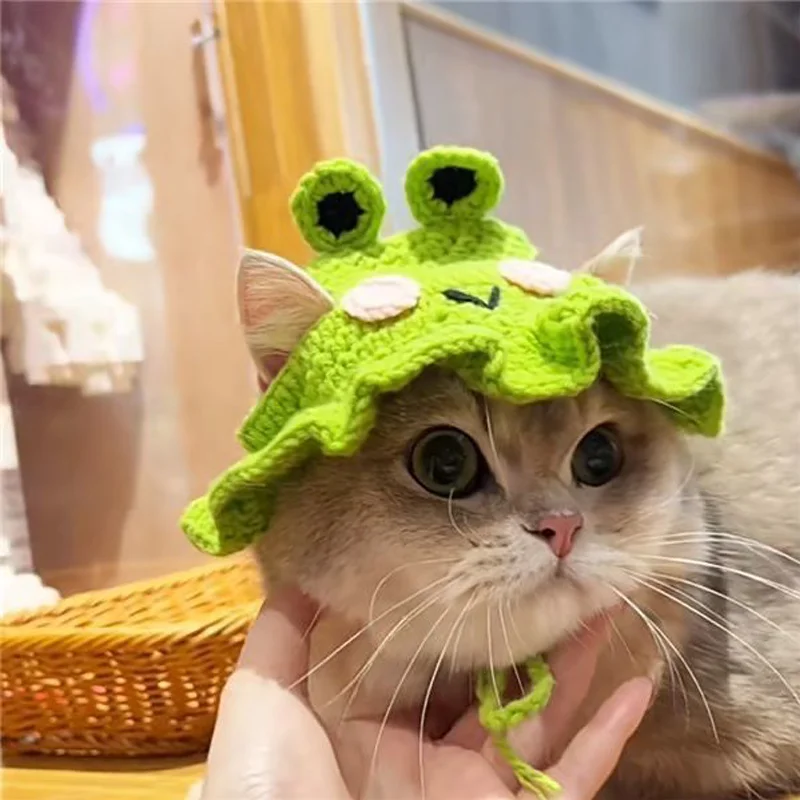 Knitted Cat Hat Autumn Winter Elastic Pet Hat Cute Frog Shape Pet Cap Puppies Kittens Parties Photoshoots Decor Cat Accessories