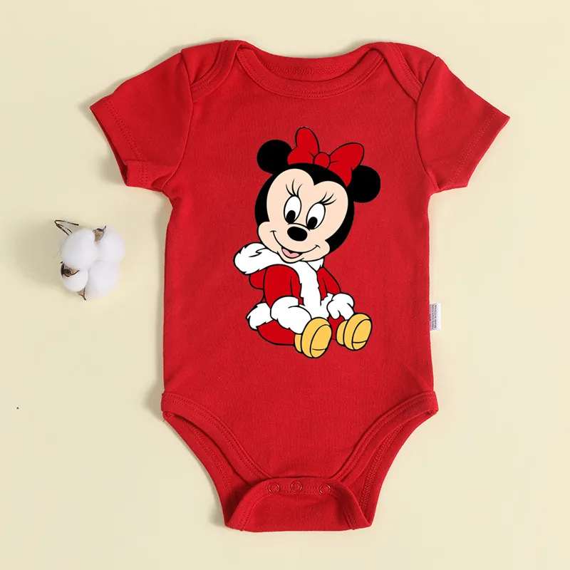 New 2022 Baby Christmas Costume Kawaii Snowflake Mickey Mouse Head Bodysuit 100% Cotton Red Romper Newborn New Year Clothes