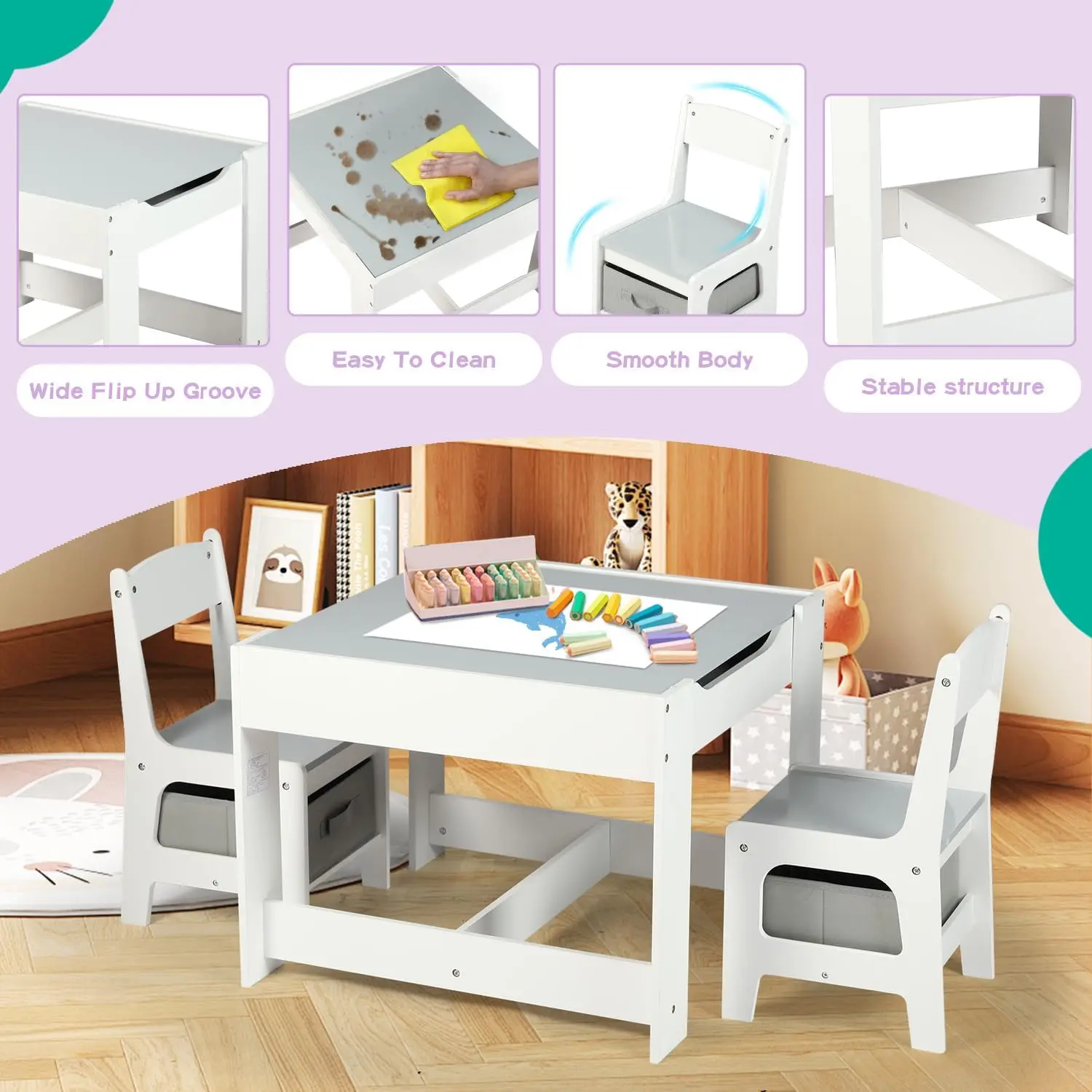 طقم طاولة خشبية وكرسيين من كينج كيدز، طاولة أنشطة للأطفال 3 في 1 مع مساحة تخزين، سطح طاولة قابل للإزالة، سبورة سوداء، طفل صغير من 3 قطع