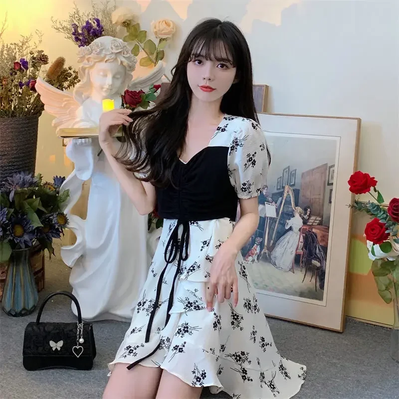 Kawaii Mini Silk Clothes Fairy Floral Chiffon Dresses for Women 2024 Flower White Short Satin Woman Dress Cute Aesthetic Vintage