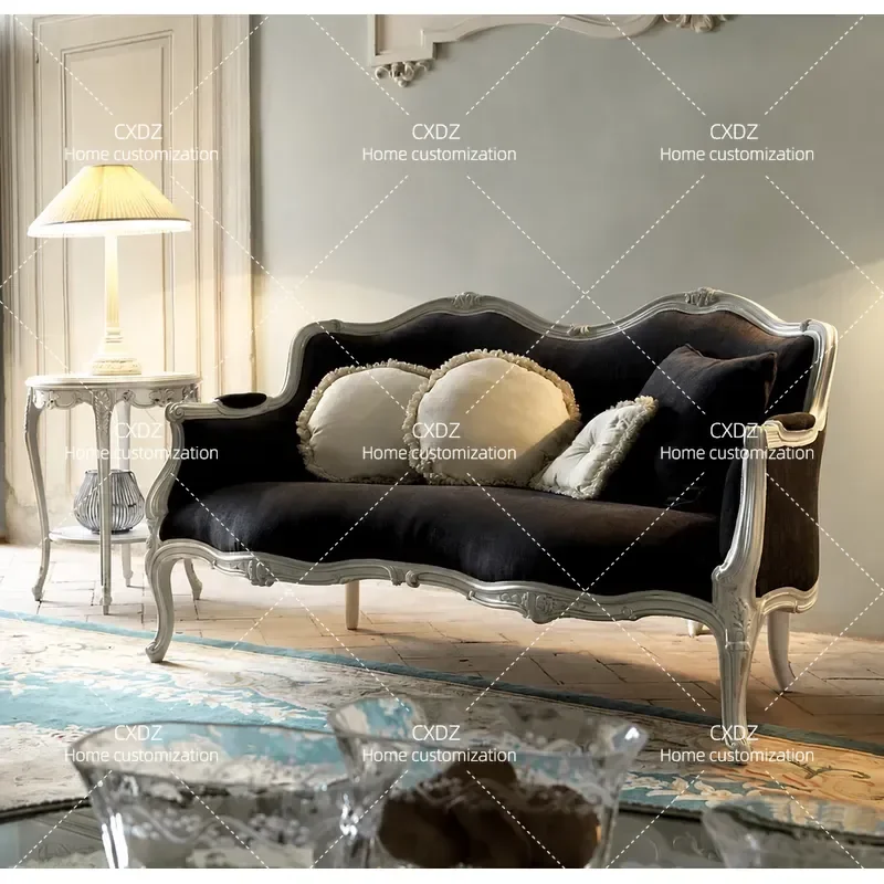 Rural Solid Wood Sofa Light Luxury Modern Simple Double Three Seater Living Room Furniture Retro Villa Fabric Couch