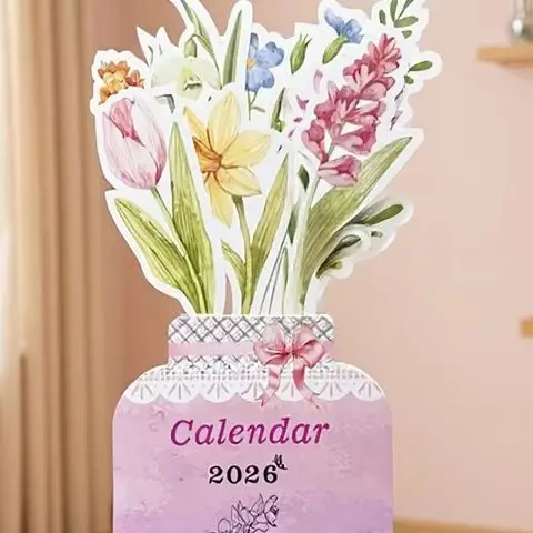 

2026 Bloomy Flowers Mini Desk Calendar Standing Vase-Like Desktop Monthly Planner for Home School Office