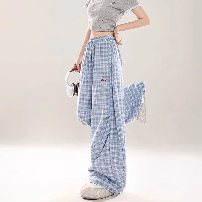 Deeptown Harajuku Vintage Y2k Blue Plaid Women Cargo Pants Embroidery Scimitar Wide Leg Korean Fashion Trousers Baggy Summer