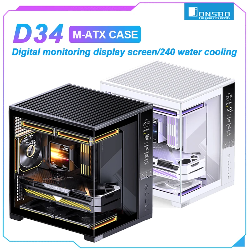 JONSBO D34 M-ATX PC Case Tempered Glass Sea View Chassis With Front Monitoring Screen Support 280mm Water Cooler BTF Motherboard