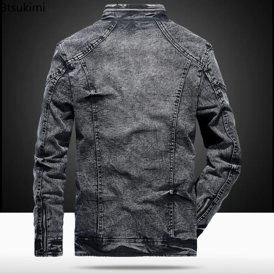 New Vintage Men's Denim Jackets Fashion Stand Collar Zip Casual Jean Coats Fleece Lining Thicked Warm Autumn Winter Men Clothing