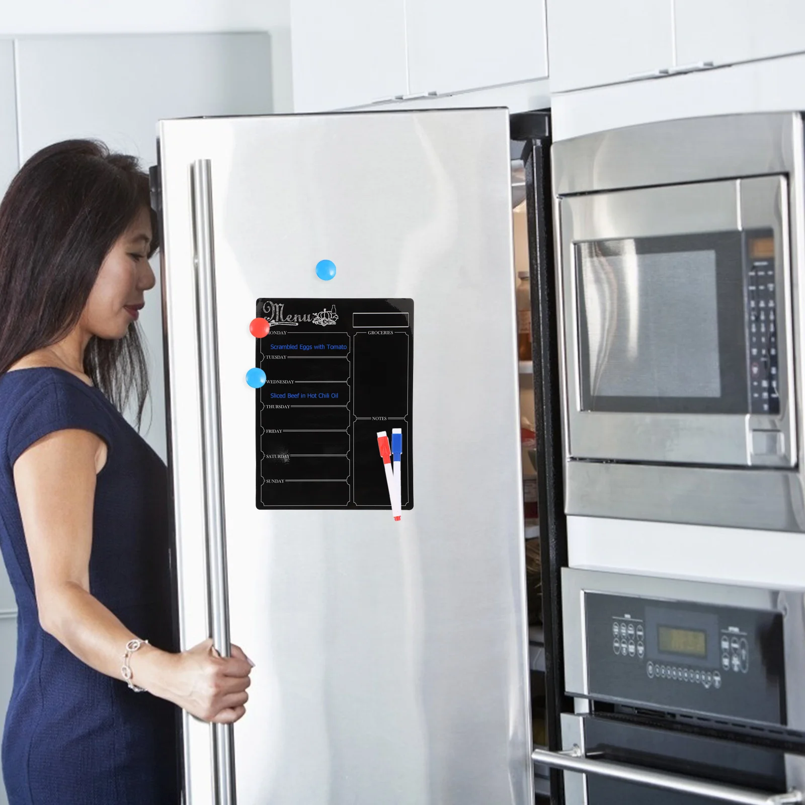 لوحة قائمة الثلاجة المغناطيسية السوداء القابلة لإعادة الاستخدام، جدول أسبوعي، مخطط ملاحظة، منظم التقويم، لوحة الثلاجة المغناطيسية