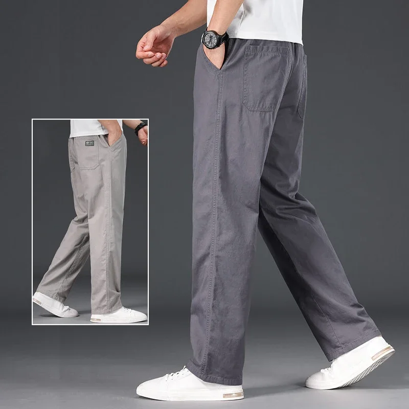 100% Pure Cotton Silky Thin Casual Pants for Men, Loose Straight Tube, Large Size, Wide Leg, Teenage Khaki Business Workwear Pan